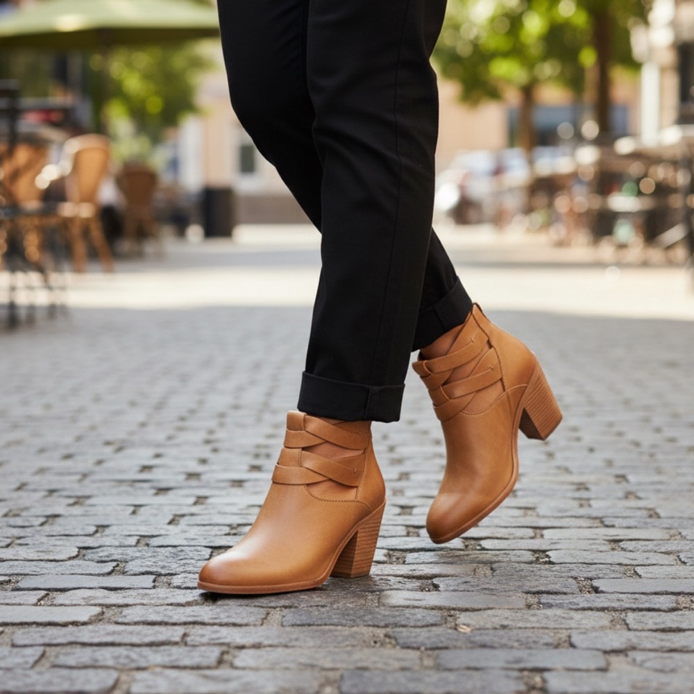 Frye Cameron Twist Tan Leather Heeled Ankle Boots